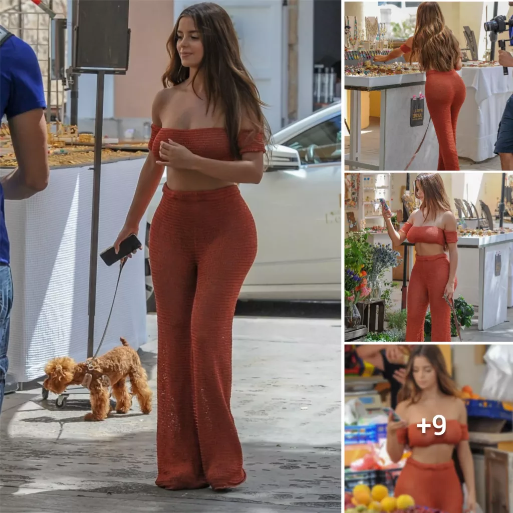 “Demi Rose stuns with her bold fashion choice: Off-shoulder crochet in striking dark orange hue”